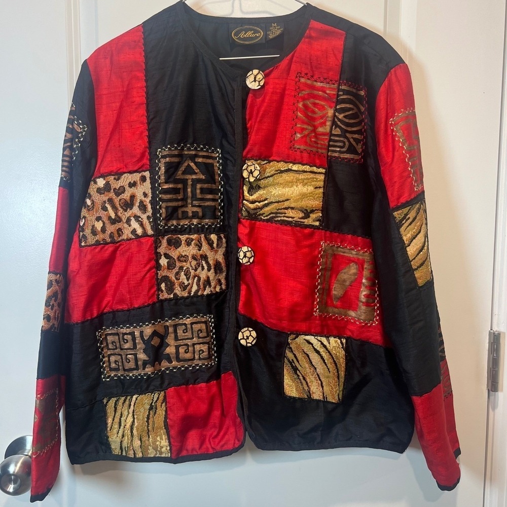 Allure Womens Silk Jacket Patchwork Animal Print Red Black Size M